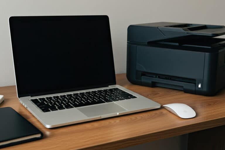 A desk with a laptop, computer mouse and printer on it.